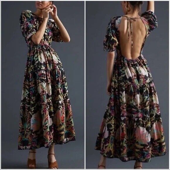 New Anthropologie x Condition Apply Floral Tiered  Maxi Dress Puff Sleeves Sz MP - Picture 2 of 6